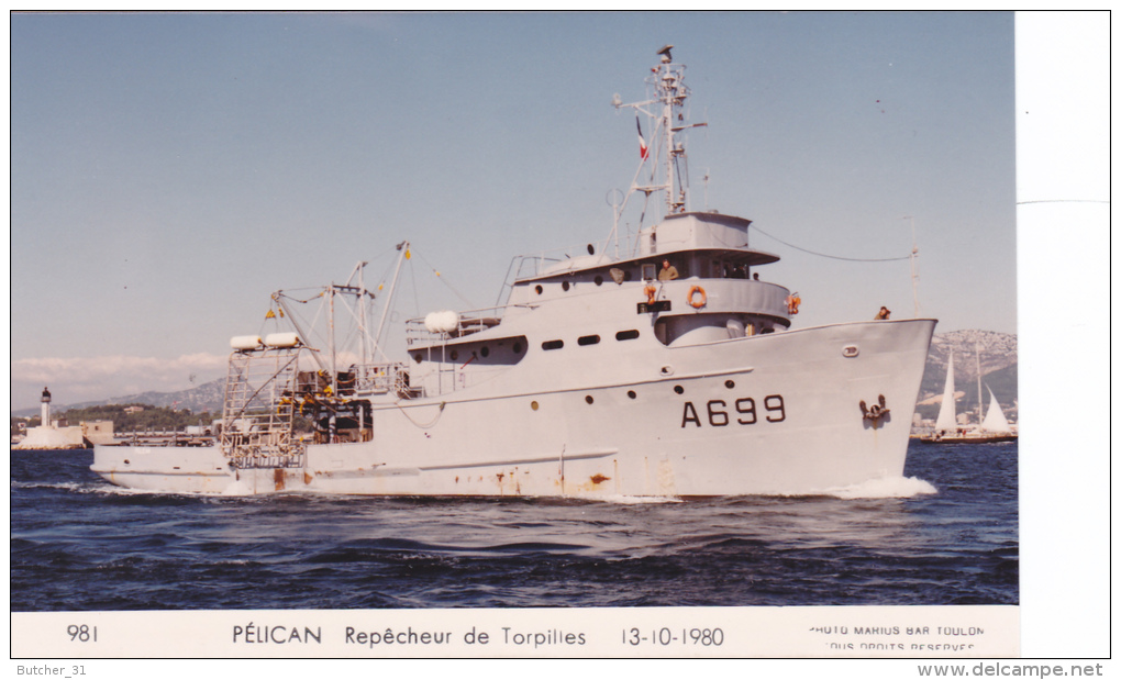 Bateau Marine  Militaire France  A 669 Pelican Repecheur De Torpilles  13-10-1980 Couleur  Marius Bar + Equipage - Guerre