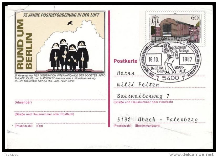 Germany BRD 1987, Postal Stationery "75 Years Post-transport In The Air" Koblenz To Ubach Palenberg - Postcards - Used