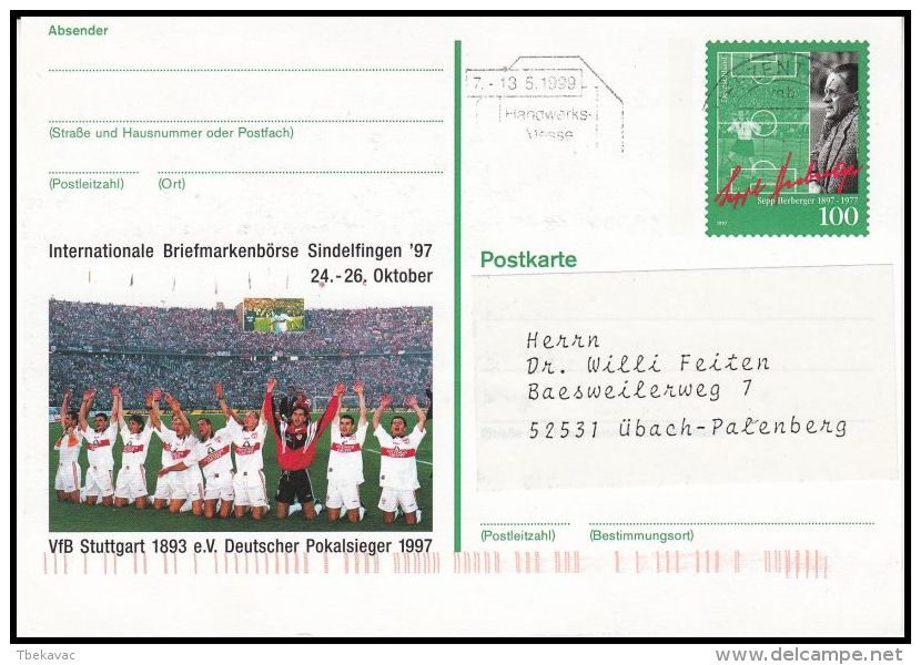 Germany  BRD 1999, Postal Stationery "VfB Stuttgart 1893 Deutscher Pokalsieger 1997" - Postkaarten - Gebruikt