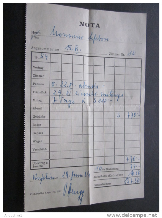 29 Juin 1954 Suisse - Helvetia NOTA Hôtel  Document Commercial Facture Note Menu Chambre Numéro 12 - Suisse