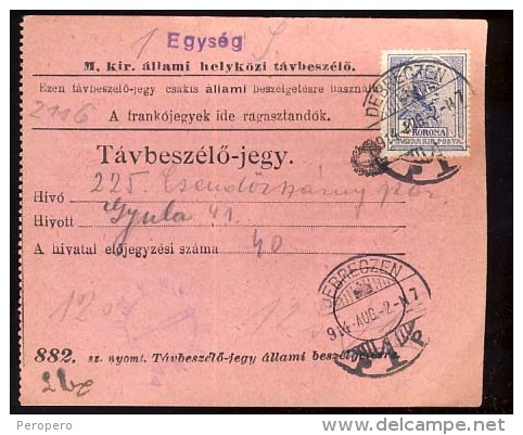 Hungary  Debreczen 1914   Telephonic - Ticket    Telefonische - Ticket     TELEPHONE RECEIPT   Tavbeszelo - Jegy - Telegraphenmarken