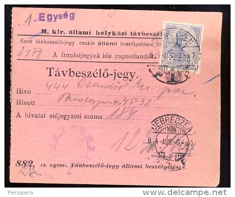 Hungary  DEBRECZEN  1916  Telephonic - Ticket    Telefonische - Ticket     TELEPHONE RECEIPT   Tavbeszelo - Jegy - Télégraphes