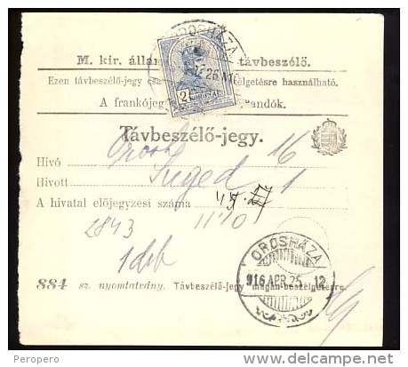 Hungary  OROSHAZA   1916  Telephonic - Ticket    Telefonische - Ticket     TELEPHONE RECEIPT   Tavbeszelo - Jegy - Telégrafos