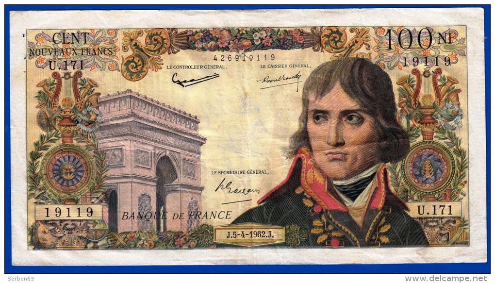 100 NF BONAPARTE TYPE 1959 BILLET DE LA BANQUE DE FRANCE ANNEE 5-4-1962 ALPHABET U.171 N° 19119 - NOTRE SITE Serbon63 - 100 NF 1959-1964 ''Bonaparte''