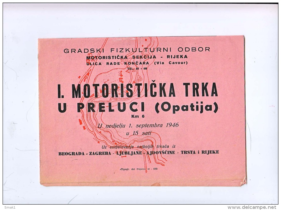 AK MOTORRÄDER OPATIJA I.MOTORISTICKA TRKA U PRELUCI 1.SEPTEMBAR 1946. PROGRAMM - Moto