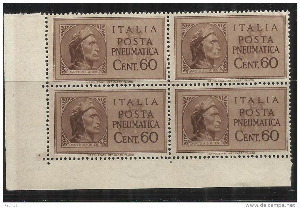 ITALIA REGNO ITALY KINGDOM 1945  LUOGOTENENZA PNEUMATICA CENT.60 MNH QUARTINA BLOCK - Neufs