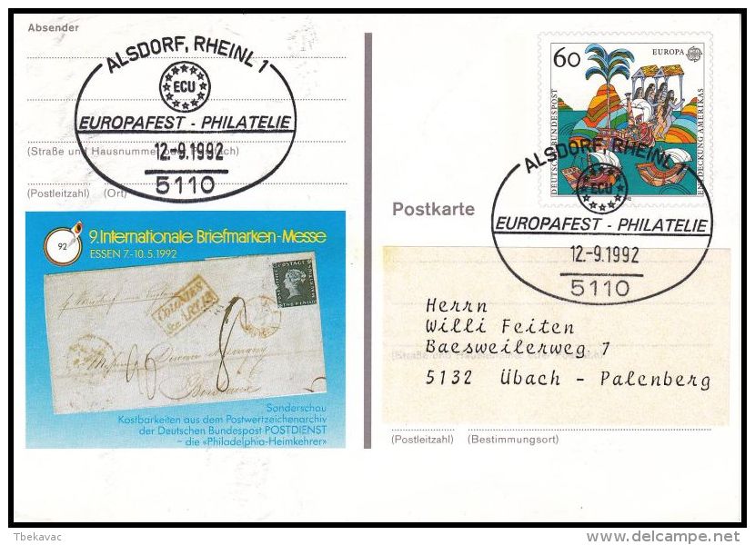 Germany  BRD 1994, Postal Stationery  "Stamp Exibition Essen 1992" - Cartes Postales - Oblitérées