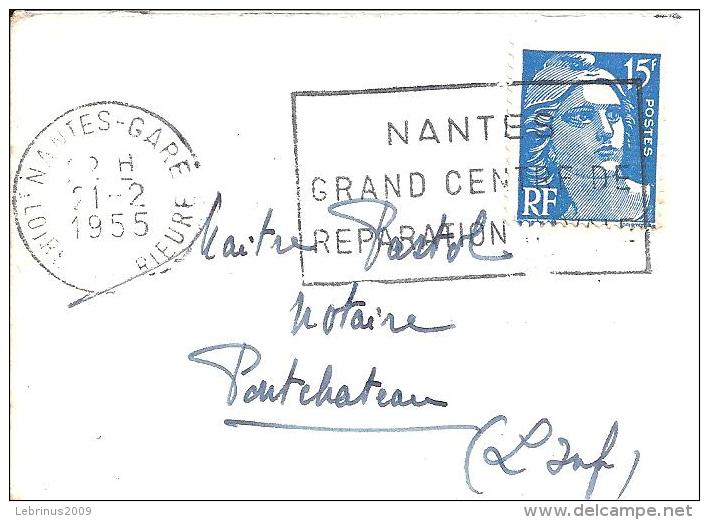 Petite Enveloppe De Carte De Visite .FlamMe "NANTES GRAND CENTRE DE REPARATION NAVALE " 1955 Sur Gandon N° 886 - Mechanische Stempels (reclame)