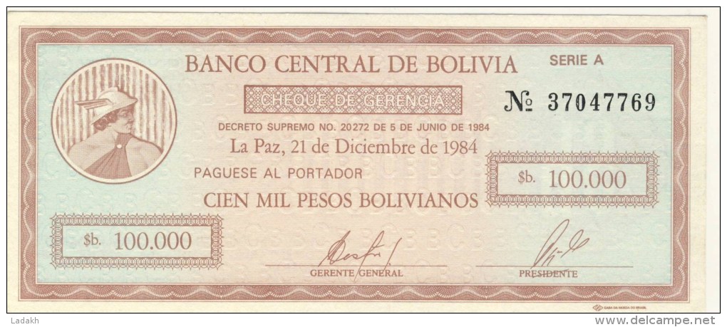 BILLET # BOLIVIE # 100000 PESOS BOLIVIANOS  # 1984 # PICK N° 188 - Bolivie