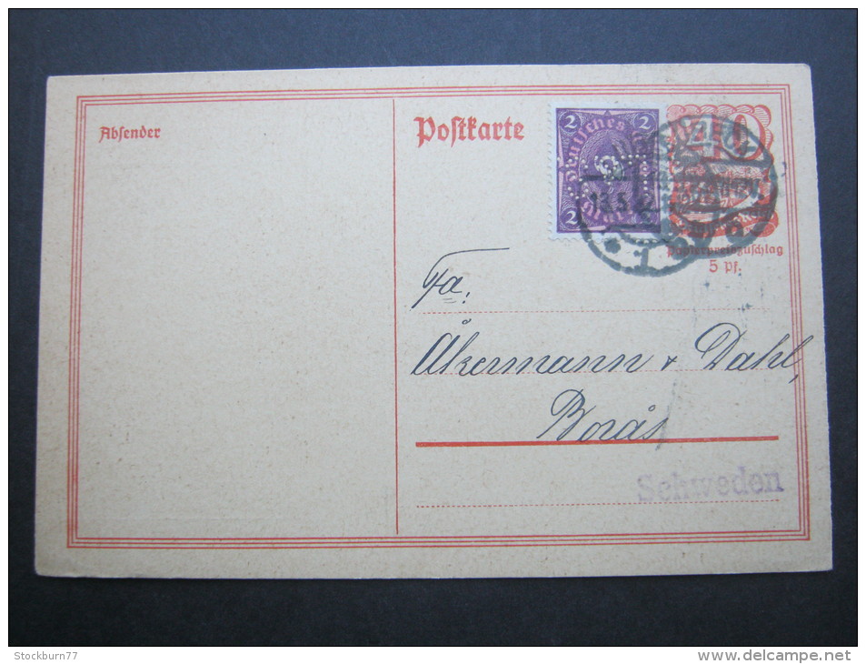 1922, Firmenlochung Auf Auslandskarte Nach Schweden, Rs. Mit Textzudruck - Covers & Documents