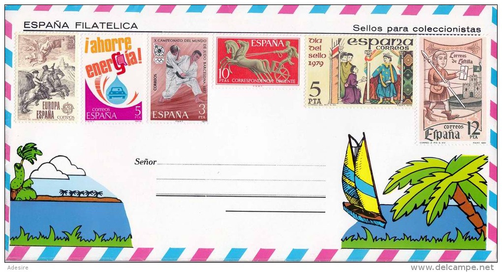 SPANIEN 1977-81, 6 Fache Sondermarken Frankierung ** Auf Schmuckbrief - Briefe U. Dokumente