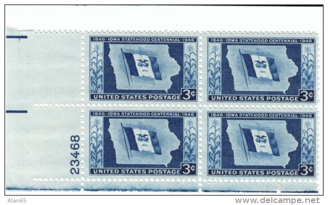 Lot Of 2 Plate # Blocks, Sc#938 &amp; #942, Texas And Iowa Statehood Commemorative US Postage Stamps - Plate Blocks & Sheetlets