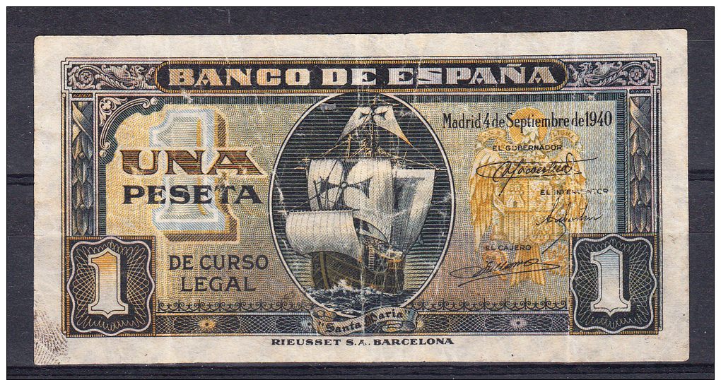 ESPAÑA 1940 1 PESETA.CARABELA STª MARIA. MBC+  SERIE A .RARO. B315 - 1-2 Pesetas