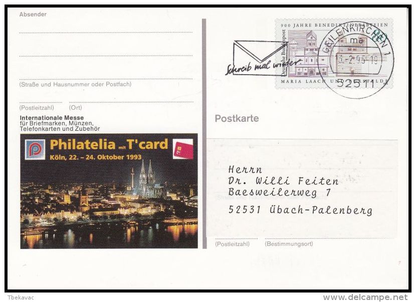Germany  BRD 1995, Uprated Postal Stationery  "Stamp Exibition 1993 Koln" - Cartes Postales Illustrées - Oblitérées