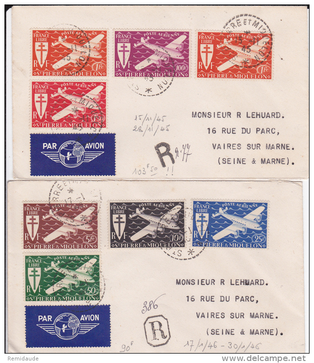 ST PIERRE ET MIQUELON - 1944 - RARE SERIE COMPLETE POSTE AERIENNE FRANCE LIBRE Sur 2 ENVELOPPES RECOMMANDEES Pour VAIRES - Brieven En Documenten