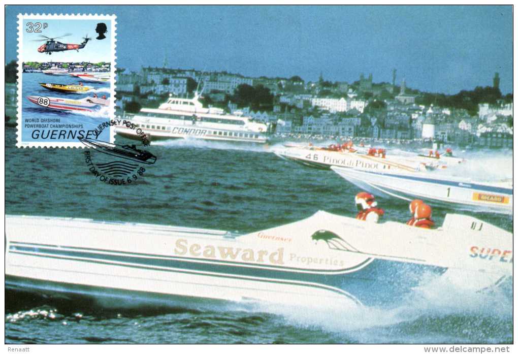 Guernsey 1988 Mi. 426 428, 2 MC Maximum Cards, World Offshore Powerboat Championships, Helicopter - Guernsey