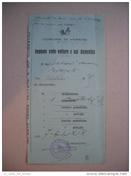 Documento "IMPOSTA SULLE VETTURE E SUI DOMESTICI - Comune Di Varese" 1941 - Other & Unclassified