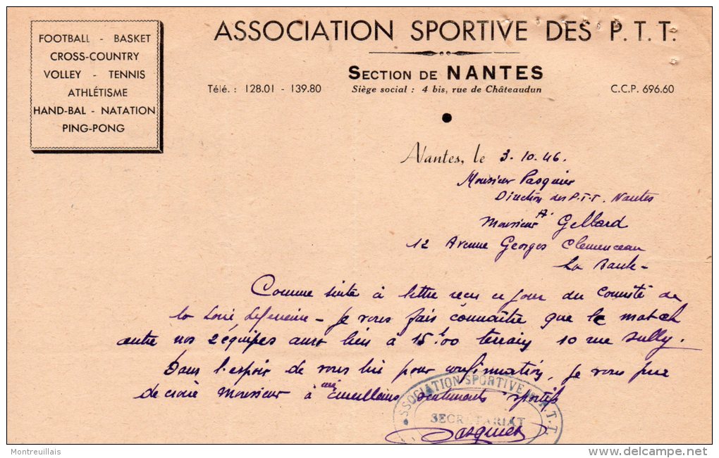 Courrier, Lettre De L\´association Sportive Des PTT, Section NANTES Adressée à LA BAULE, En 1946 - Autres & Non Classés