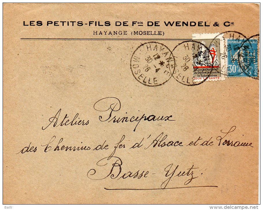 FRANCE LORRAINE TIMBRE PERFORE PERFINS SUR LETTRE DE HAYANGE LES PETITS FILS DE WENDEL 1926 - Lettres & Documents