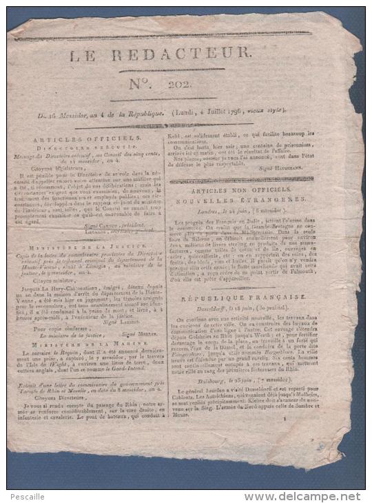 LE REDACTEUR 4 07 1796 - DIRECTOIRE - DUSSELDORF - VANNES CHOUANS - BOLOGNE ITALIE - - Journaux Anciens - Avant 1800