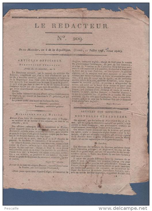 LE REDACTEUR 11 07 1796 - MARINE - LONDRES - PHALSBOURG - HYMNE 14 JUILLET - POUDRE A TIRER - - Zeitungen - Vor 1800