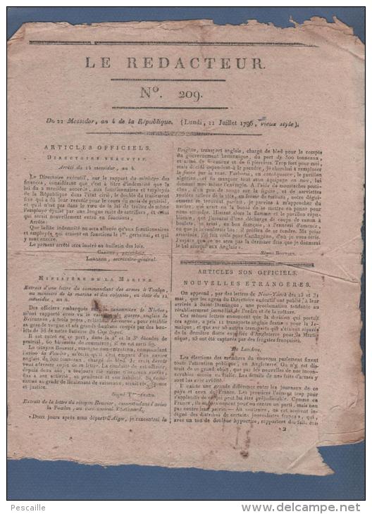 LE REDACTEUR 11 07 1796 - MARINE - LONDRES - PHALSBOURG - HYMNE 14 JUILLET - POUDRE A TIRER - - Journaux Anciens - Avant 1800