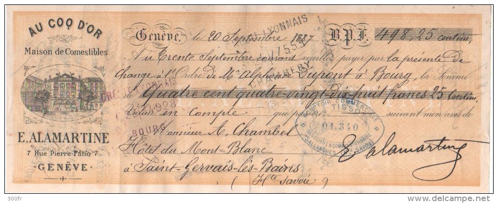 Suisse 1887 Lettre De Change Timbre Quitance 25c En Tete AU COQ D'OR Maison De Comestibles E. ALARMATINE - Switzerland