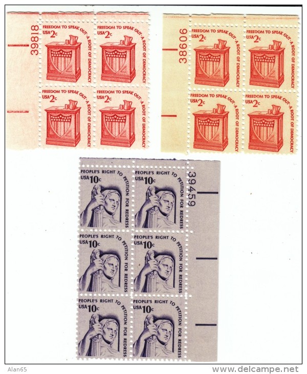 Lot Of 3 Plate # Blocks, Sc#1582 &amp; #1592, Americana Issue Definitive US Postage Stamps - Plate Blocks & Sheetlets