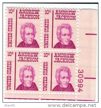 Plate # Block, Sc#1286A, Prominent American Issue, Andrew Jackson 10-cent Definitive US Postage Stamps - Numéros De Planches