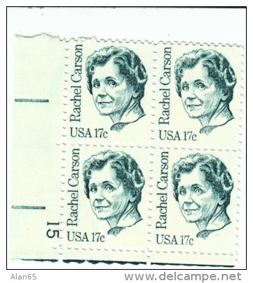 Plate # Block, Sc#1857, Great American Issue, Rachel Carson On US Postage Stamps - Plattennummern