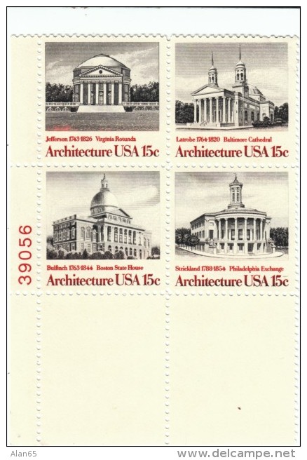 Plate # Block Of 4, Sc#1779-1782 American Architecture Commemorative 15-cent US Postage Stamps - Plate Blocks & Sheetlets