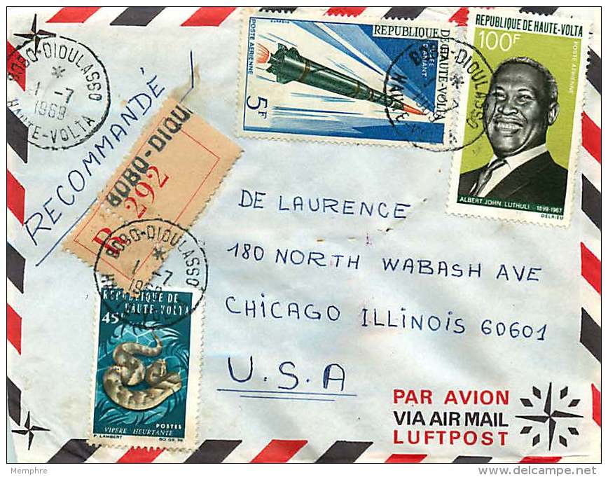 1969  Lettre Recommandée Pour Les USA  Vipère,  AJ Luthuli, Fusée Diamant - Upper Volta (1958-1984)