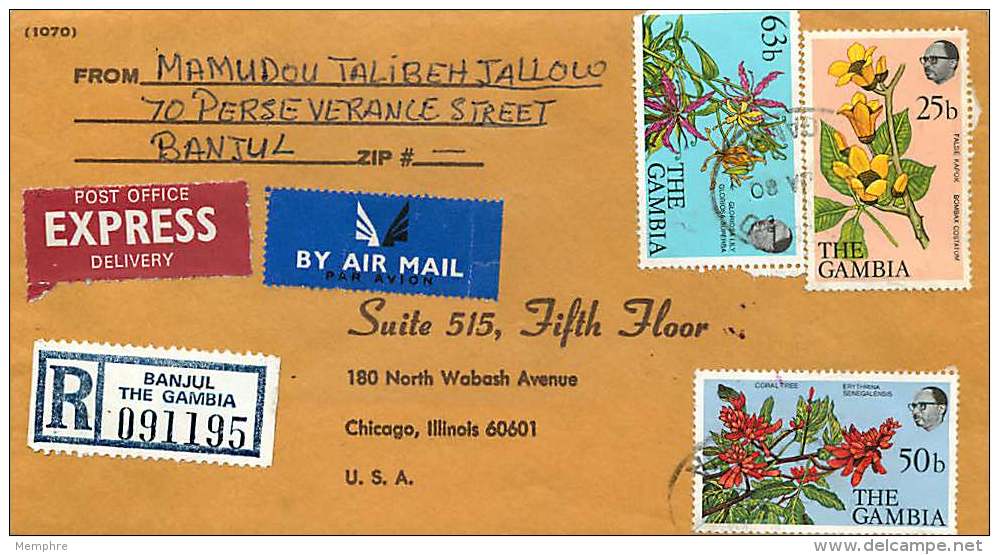 1980  Lettre Recommandée Pour Les USA  Fleurs 25b, 50b, 75b - Gambie (1965-...)