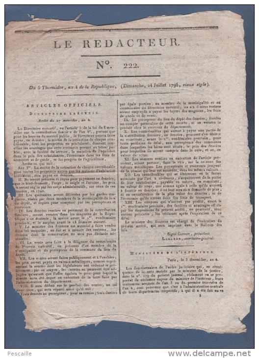 LE REDACTEUR 24 07 1796 - DIRECTOIRE - WILHMESBAD - NUREMBERG - BRUXELLES - STRASBOURG - ELECTIONS - Journaux Anciens - Avant 1800