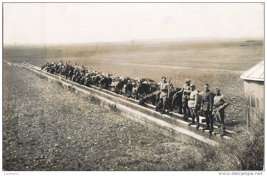 CARTE PHOTO : CAMP DE LA VALBONNE REGIMENT DE CAVALIER A L'ABREUVOIR CAVALERIE GUERRE 01 AIN - Kazerne