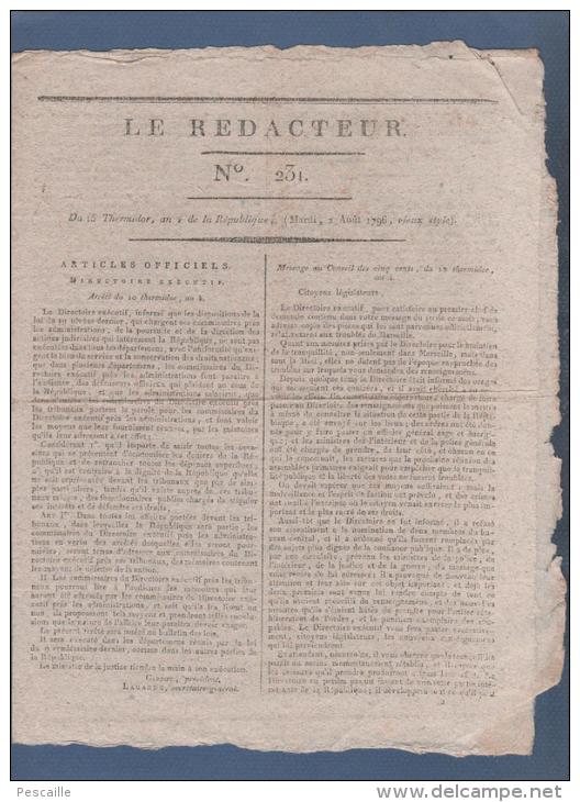 LE REDACTEUR 2 08 1796 - COMMISSAIRES DU DIRECTOIRE - MARSEILLE - PROMENADES PARIS REGLEMENTATION - BONAPARTE CALOMNIE - Journaux Anciens - Avant 1800