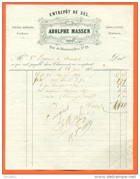 52  - Chaumont  "  Facture Adolphe Massen - Entrepot De Sel  " 1862 - Artigianato