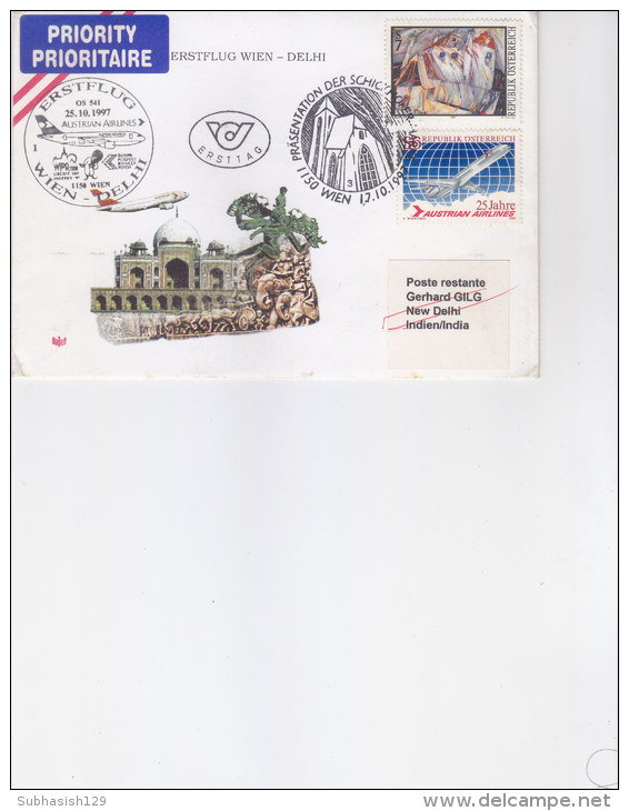 First Flight Cover Of Austrian Airlines From Vieana To Delhi On 25.10.1997 With Air India Mascot - Lettres & Documents