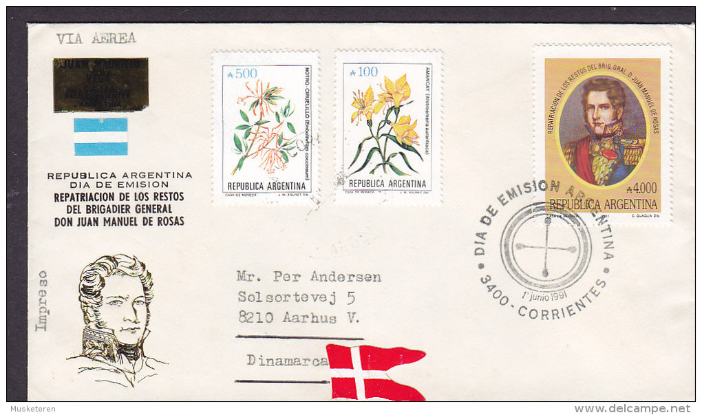 Argentina Via Aerea Airmail Dia De Emision Letra FDC Cover 1991 General Juan Manuel De Rosas Sent To Denmark (2 Scans) - FDC