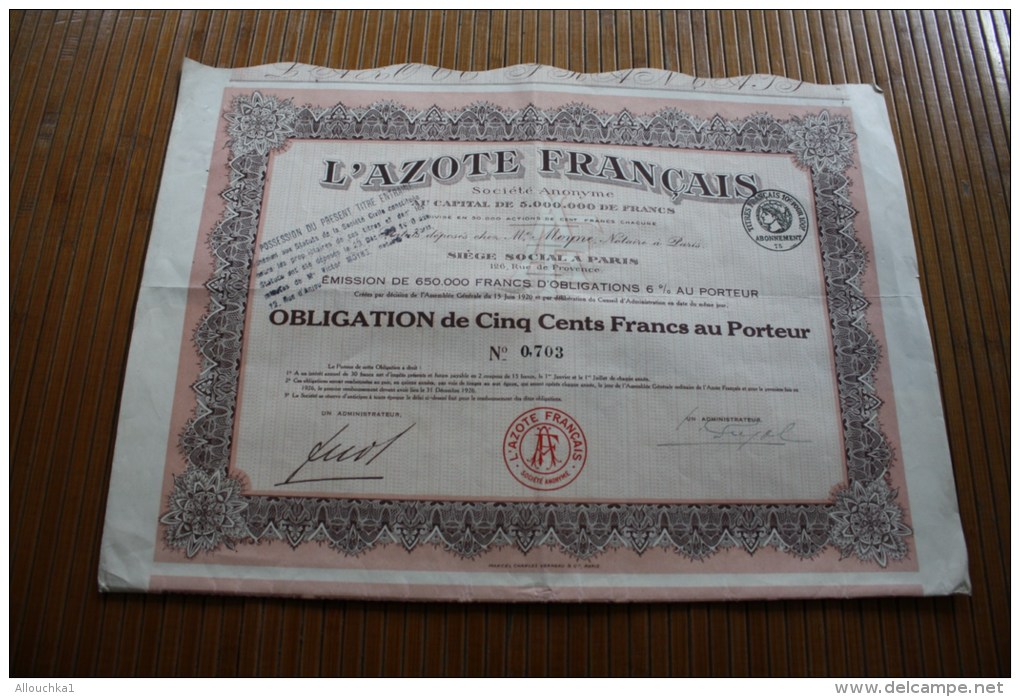 1920 L'Azote Français  Obligation 500 Fr. à 6 % Au Porteur ACTION TITRE - Industrie