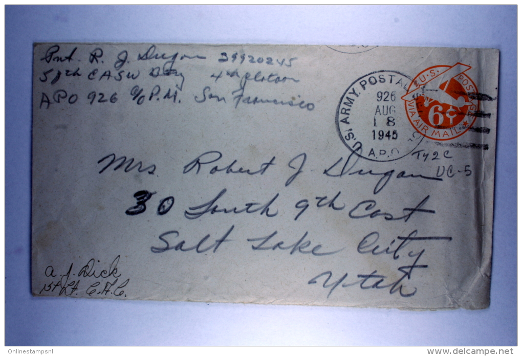 US  Postal Stationary Cover  APO 926, Morotai On Dutch New Guinea, HQ 13th AF, NO CENSOR Cancel, Handwritten Lt. AJ Dick - Storia Postale
