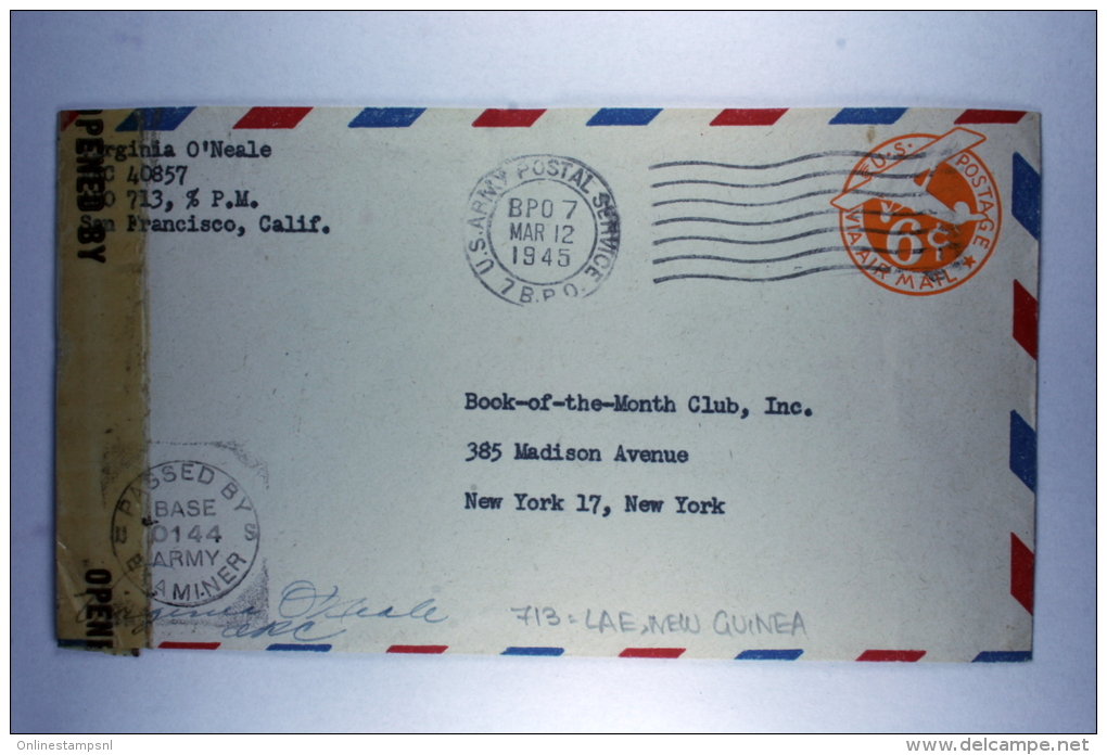 US  Postal Stationary Airmail Cover, A.P.O. 713 Unit 1 Nadzab Airfield, Dutch New Guinea To USA, Double Censored - Covers & Documents