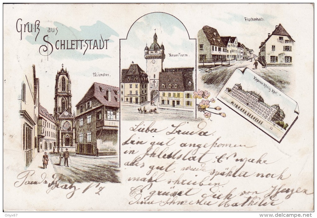 SELESTAT-SCHLETTSTADT (Bas-Rhin) Lithographie Eglises -Tour - Caserne-  Rue- Août 1900 - VOIR 2 SCANS - - Selestat