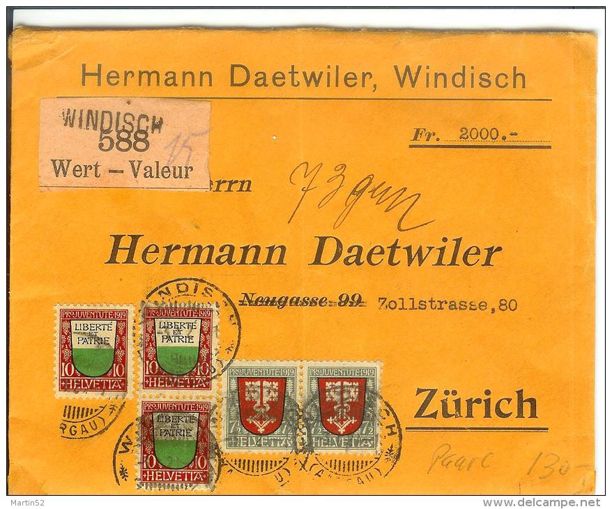 Wertbrief 1920 Mit PJ 1919 Im Paar Von Windisch Nach Zürich Mit Siegel  "SDS" - Lettres & Documents