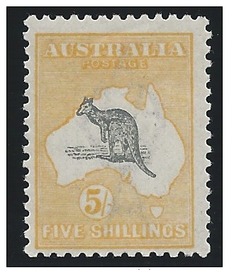 Australia 1918, 5sh Yellow & Gray, Kangaroo, Scott #54, Mint, Hinged,  Fine-Very Fine - Mint Stamps