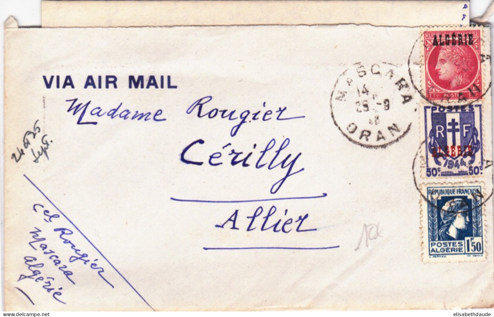 ALGERIE - 1946 - LETTRE Par AVION De MASCARA Pour CERILLY - MAZELIN + CHAINES BRISEES + MARIANNE D'ALGER - Lettres & Documents