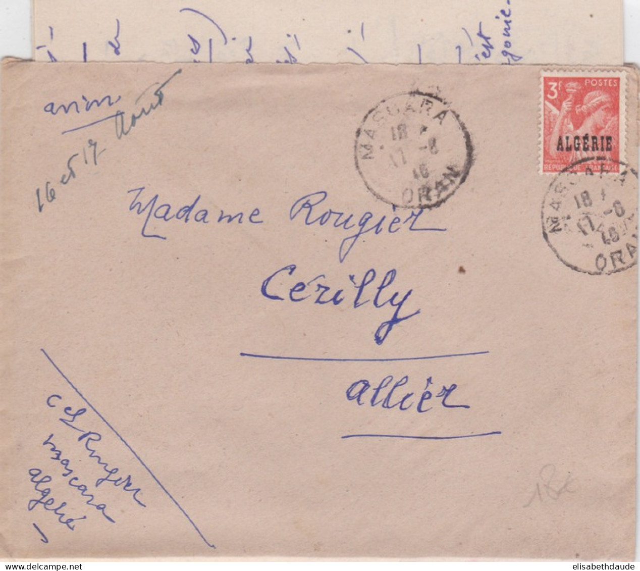 ALGERIE - 1946 - LETTRE Par AVION De MASCARA Pour CERILLY - IRIS SEUL SUR LETTRE - CACHET MILITAIRE AU DOS - Cartas & Documentos