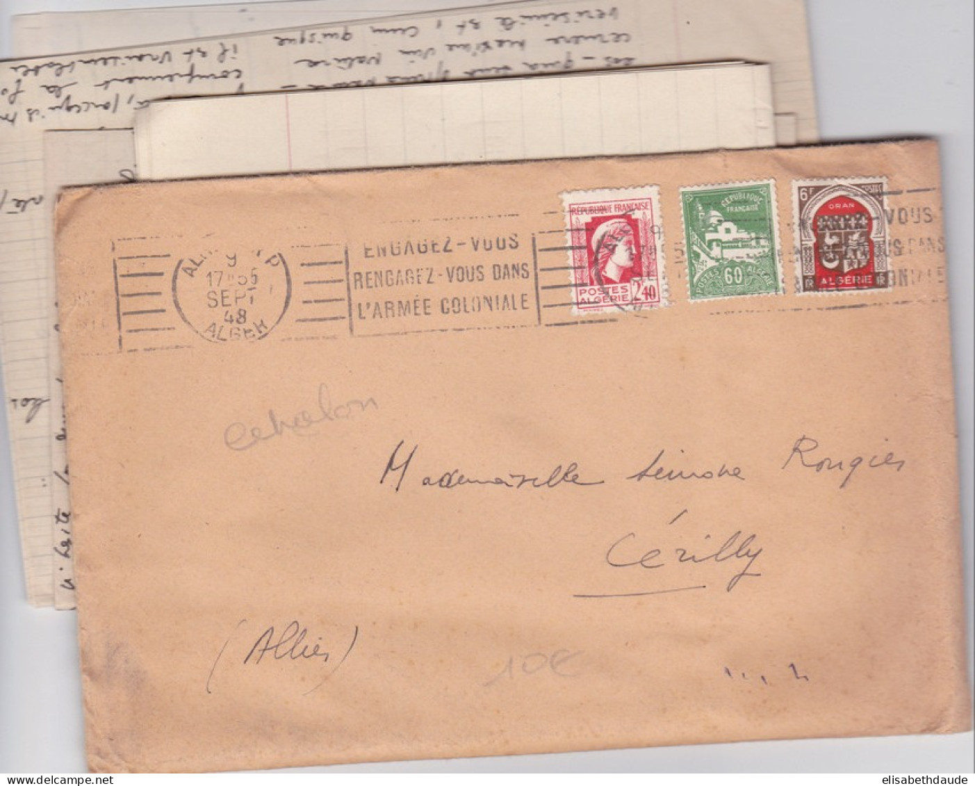 ALGERIE - 1948 - LETTRE 2° ECHELON (44g) De ALGER Pour CERILLY - MARIANNE D'ALGER 2F40 RARE SUR LETTRE - Lettres & Documents
