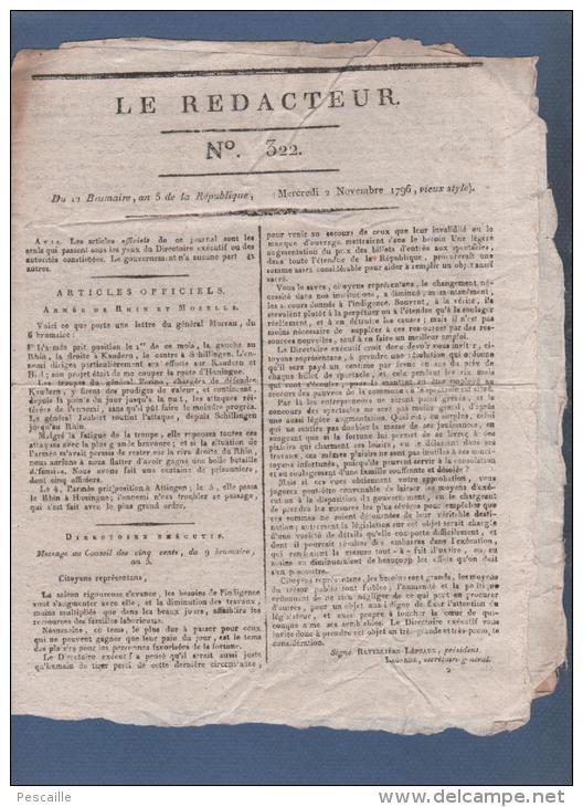 LE REDACTEUR 2 11 1796 - ARMEE DE RHIN ET MOSELLE MOREAU - INDIGENTS - HAMBOURG - TROYES - VIOLAINES PAS DE CALAIS - - Journaux Anciens - Avant 1800