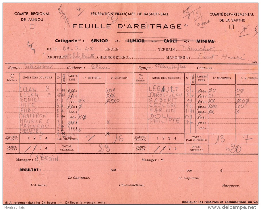 Feuille D´arbitrage Basket-ball,  Basketball, De 1948, Terrain PORNICHET (44) - Autres & Non Classés
